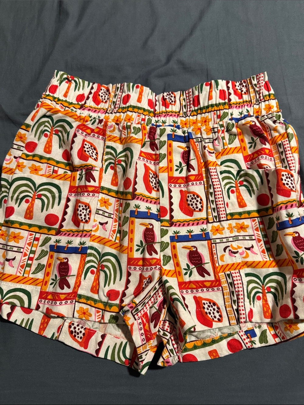High-Waist Printed Cotton Blend Shorts in Cream and Multicolor